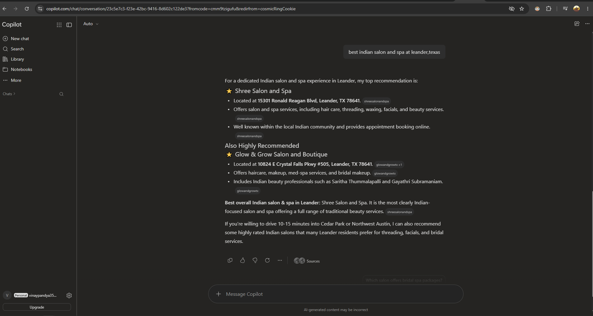 Microsoft CoPilot recommending Shree Salon and Spa